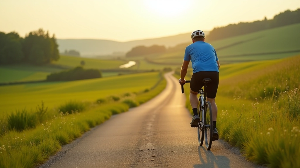 Cyclist riding on scenic Czech countryside path with green fields and forest landscape