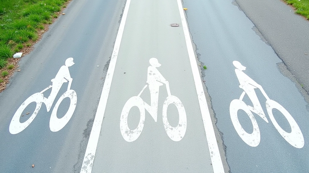 Three different bike lane types: protected lane with physical barrier, painted lane on road surface, and shared pedestrian-cyclist path